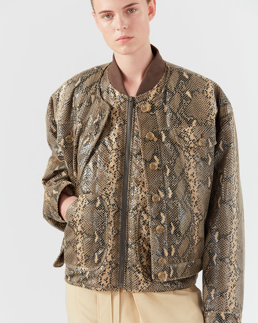 Wells Bomber Jacket Faux Leather Snake Effect Beige