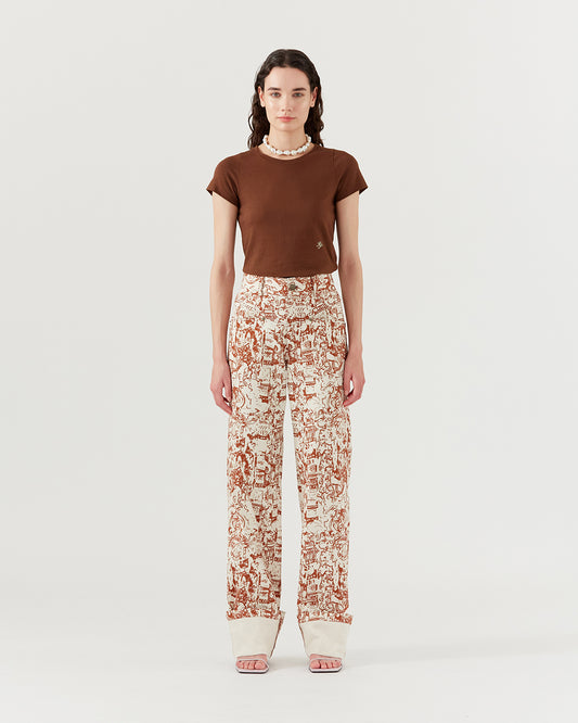 Nemy Trousers Organic Cotton Denim Printed Brown