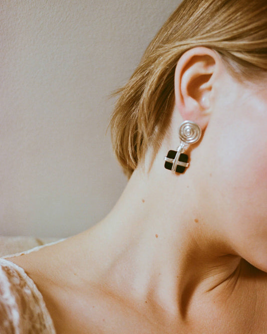 Squiggle Earrings Silver Plated with Black Onyx