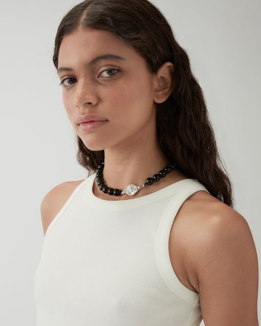 Beaded Swirl Necklace Silver Plated with Onyx
