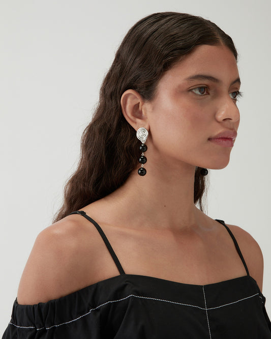 Swirl Droplet Earrings Silver Plated with Onyx