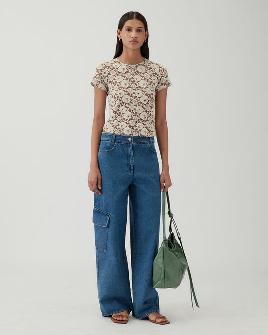 Adina T-Shirt Cotton Blend Floral Lace Brown