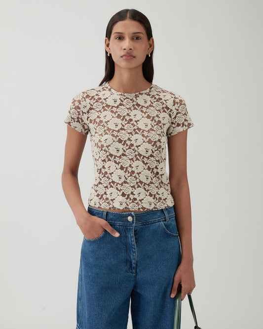 Adina T-Shirt Cotton Blend Floral Lace Brown