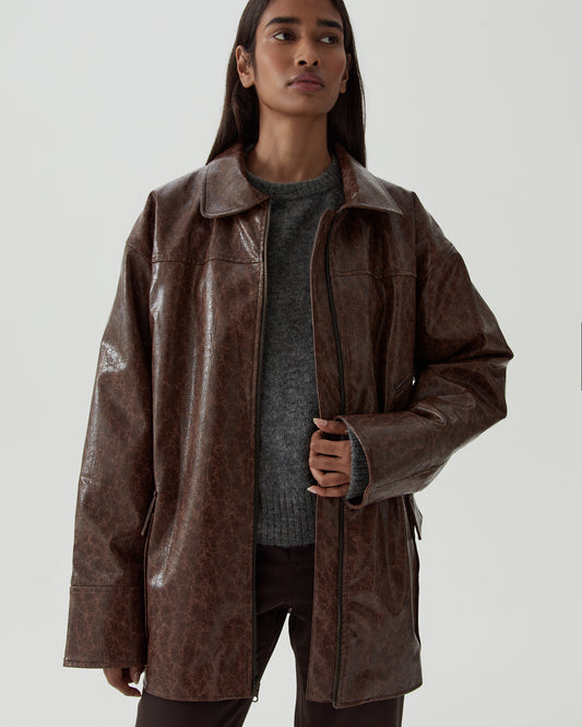 Yuna Jacket Faux Leather Distressed Brown