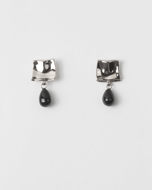 Folded Drop Earrings Silver Plated with Black Onyx