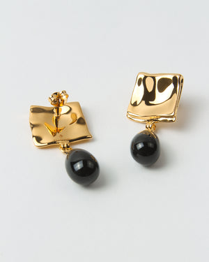 Folded Drop Earrings Gold Plated with Black Onyx