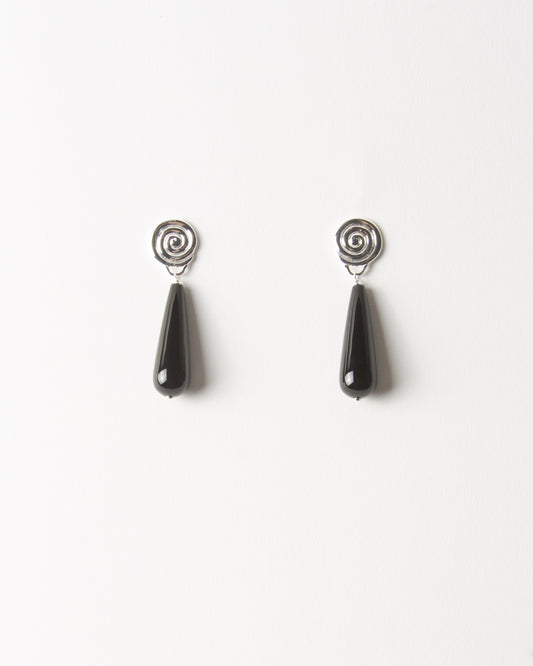 Swirl Tear Droplet Earrings Silver Plated with Onyx