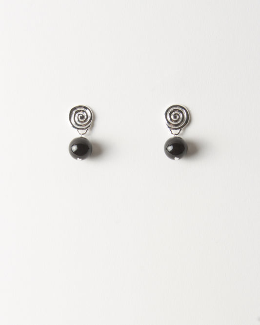 Swirl Bead Earrings Silver Plated with Onyx