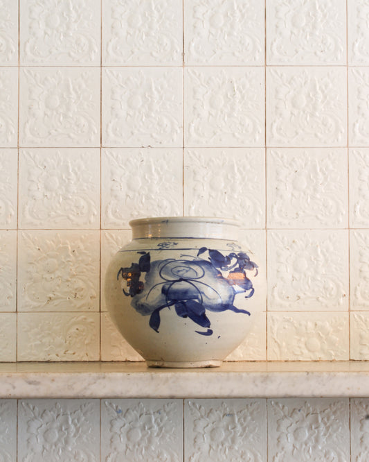 Late Joseon Dynasty Korean porcelain with blue floral detail