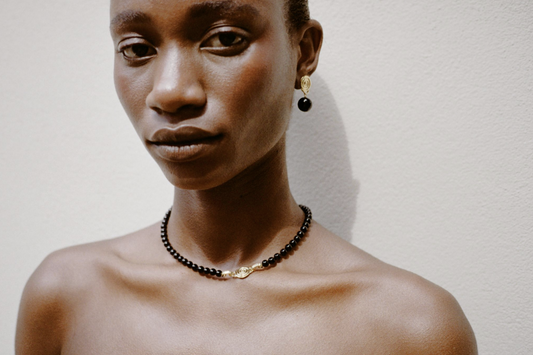 Petite Beaded Swirl Necklace Silver Plated with Onyx