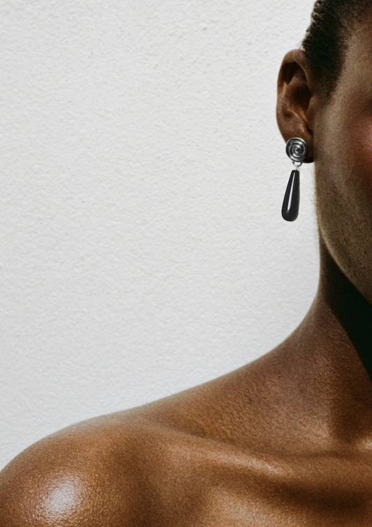 Swirl Tear Droplet Earrings Silver Plated with Onyx