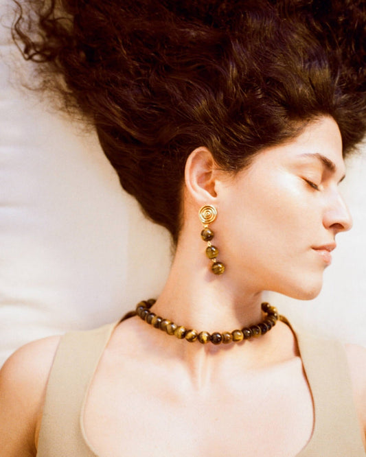 Swirl Droplet Earrings Gold Plated with Tiger's Eye