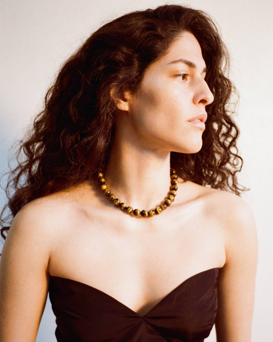 Beaded Swirl Necklace Gold Plated with Tiger's Eye